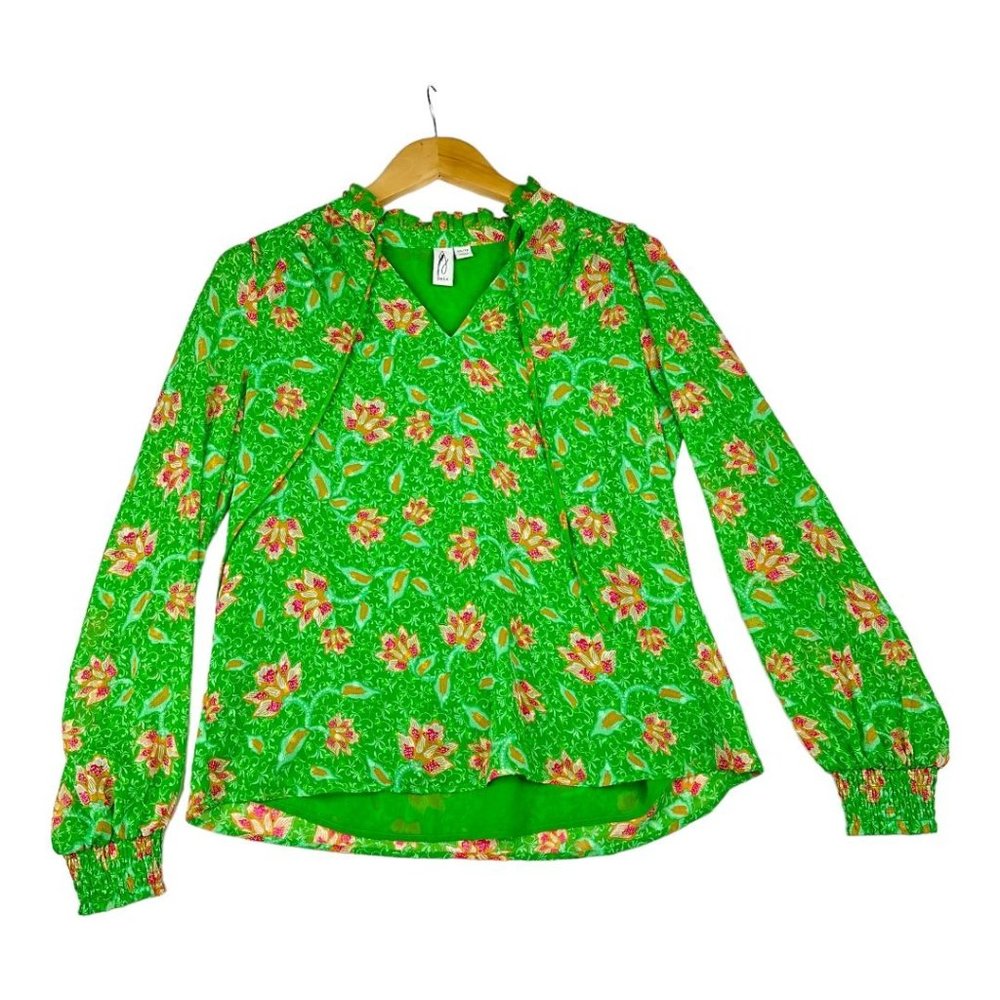 JOIE Green Floral Blouse Top Shirt Ruffle Collar Tie Neck Pink Size XS